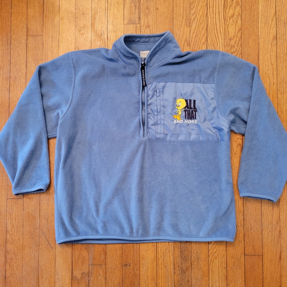 Looney Tunes Tweety Bird Fleece Pullover Sweatshirt Blue XL Quarter Zip Vintage